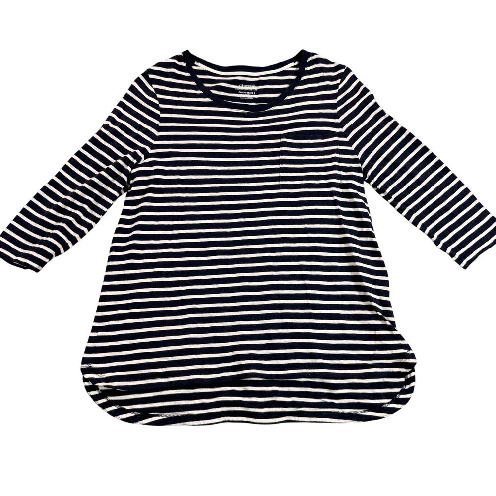 Chico's Women's Striped Top Size L Navy White 3/4 Sleeve Tunic with Pocket
